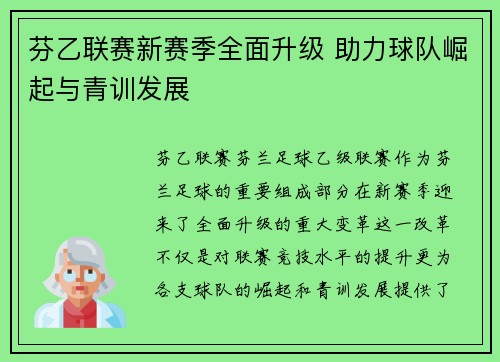芬乙联赛新赛季全面升级 助力球队崛起与青训发展
