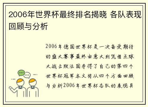 2006年世界杯最终排名揭晓 各队表现回顾与分析